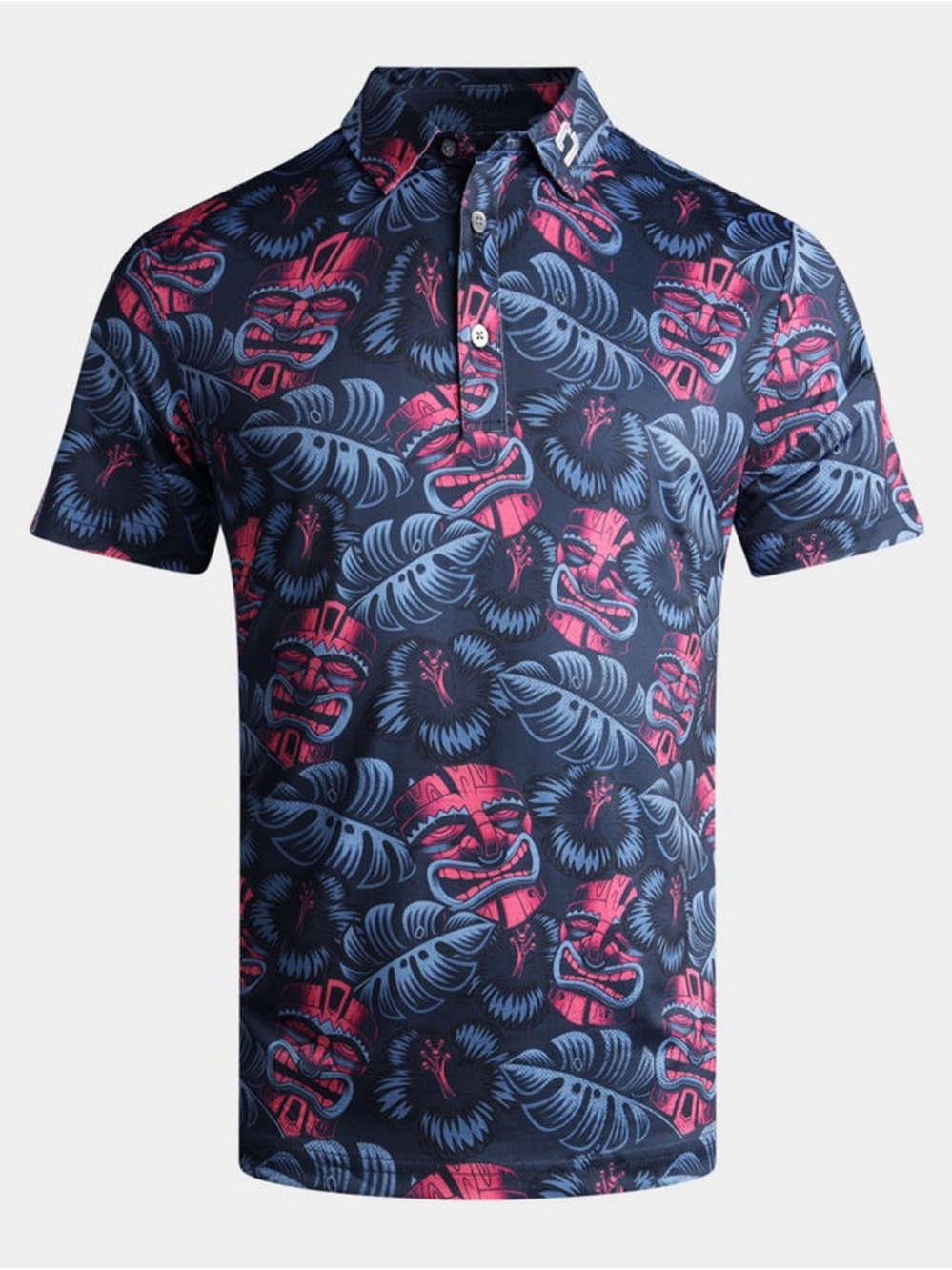 Druids lightweight performance golf shirt tiki navy and pink polo